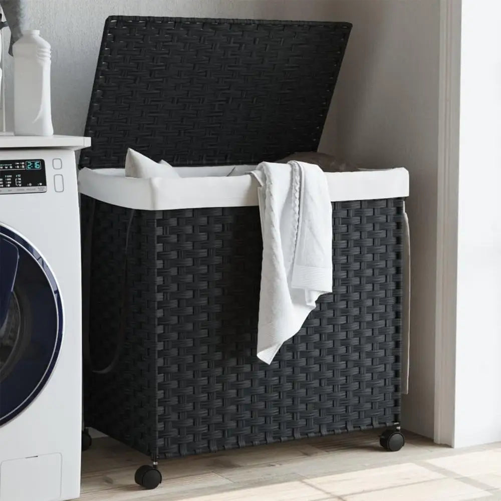 Panier à linge en rotin avec roulettes et couvercle