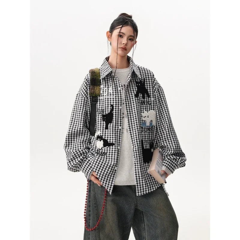 Chemise à carreaux ample brodée pour femme