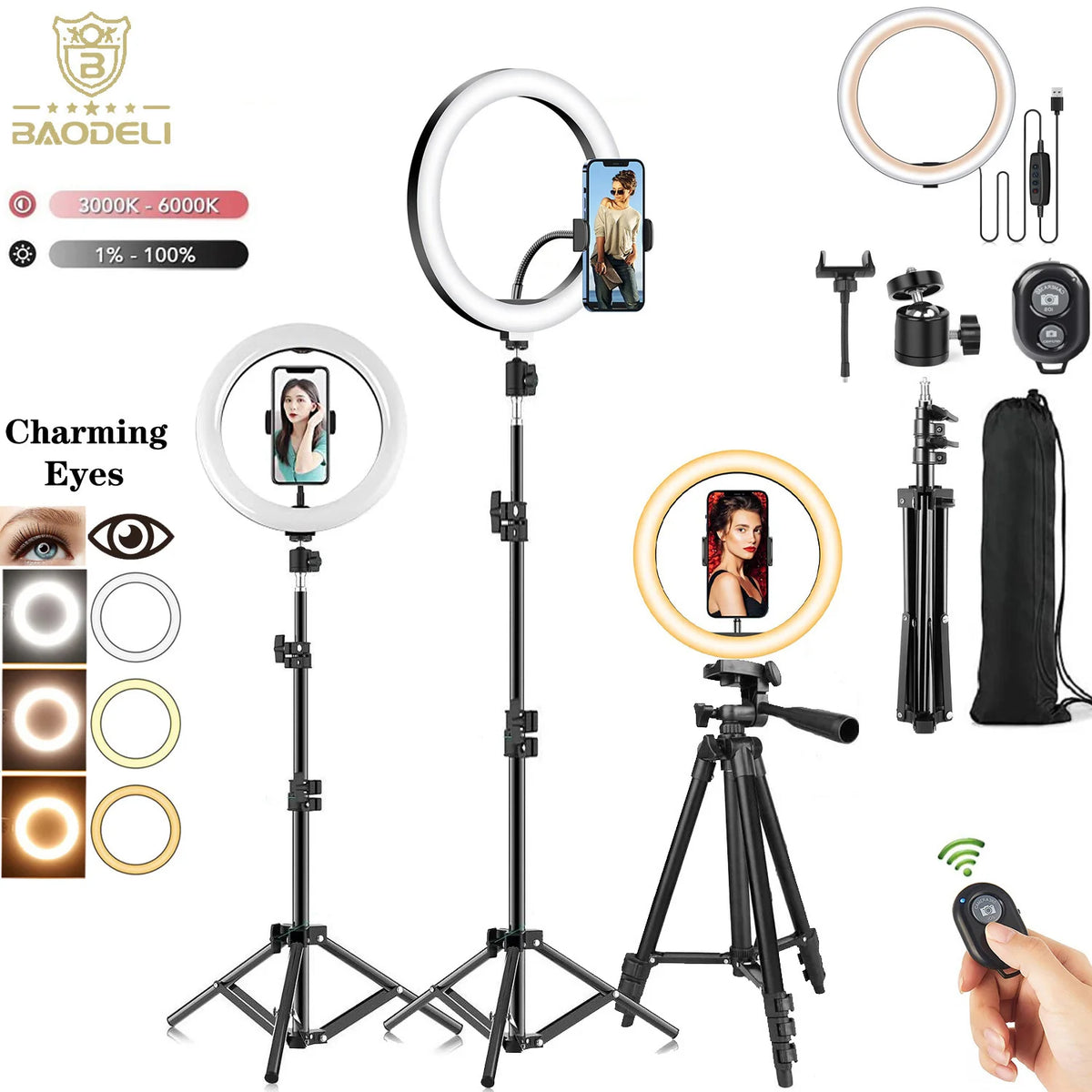 Ring light LED avec trépied et support téléphone